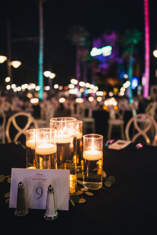 wedding reception, reception, decor, reception decor, table decor, centerpieces, table centerpieces, floating candles, floating candle centerpieces, hollywood studios, studios, hollywood, sunset boulevard