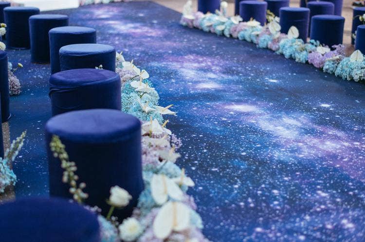 GMA wedding, GMA, wedding ceremony, ceremony, ceremony decor, space theme, space, outer space, aisle decor, aisle floral, aisle runner, custom aisle runner, blue floral