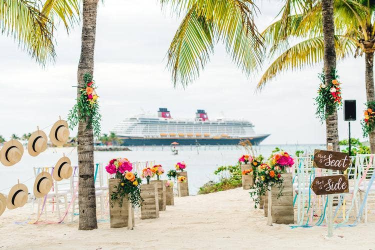 decorated wedding ceremony, wedding ceremony, ceremony, disney cruise line, cruise line, cruise, cruise wedding, castaway cay, beach, beach wedding, tropical wedding, tropical floral