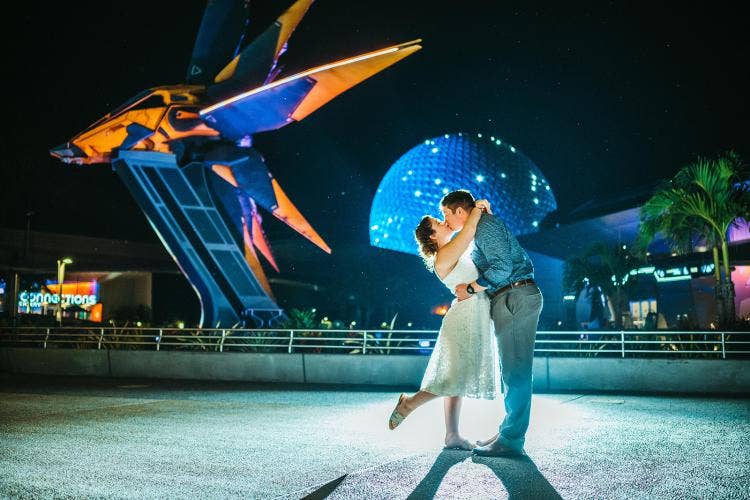 GMA wedding, GMA, EPCOT, Spaceship Earth, Guardians of the Galaxy, Guardians, Nova Corp, Nova Corp ship, portrait, couple portrait