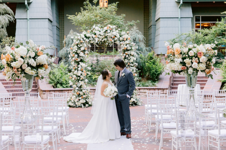 bride and groom, couple, portrait, couple portrait, wedding ceremony, ceremony, altar area, altar floral, floral altar, altar arch, floral arch, brisa courtyard, grand californian, brisa courtyard ceremony