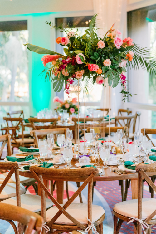 wedding reception, wedding reception decor, reception decor, reception tables, reception table decor, reception table centerpieces, tropical, tropical wedding, tropical theme, tropical flowers, tropical decor