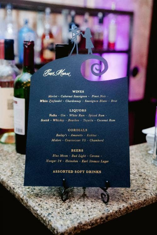 wedding reception, reception, bar, drinks, sign, bar sign, drink sign, drink menu, halloween, halloween theme, nightmare before christmas
