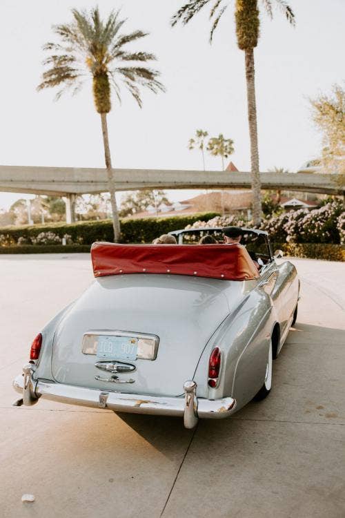 vintage car, motorcar, car, staged exit, exit, transportation, Disney's wedding pavilion, wedding pavilion