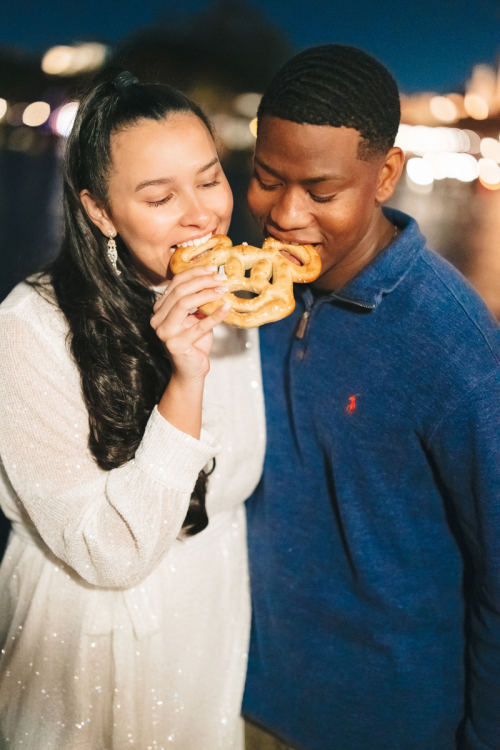 bride and groom, couple, portrait, Epcot dessert party, fireworks dessert party, dessert party, food, mickey pretzel