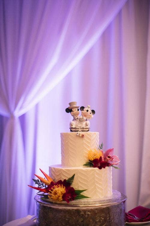 wedding cake, cake, 2 tier cake, white cake, two tier cake, tropical floral, cake floral, custom cake topper, cake topper, aulani, ka'ala, ka'ala ballroom