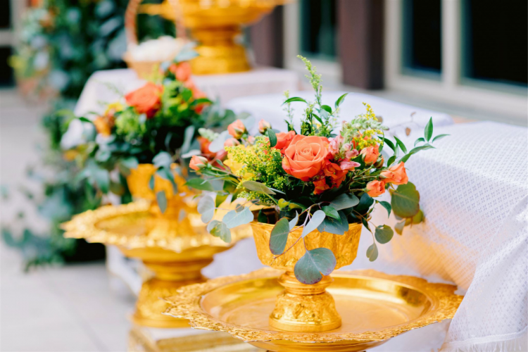 wedding ceremony, ceremony decor, ceremony floral, tropical floral, tropical decor, thai decor, thai wedding, gold decor