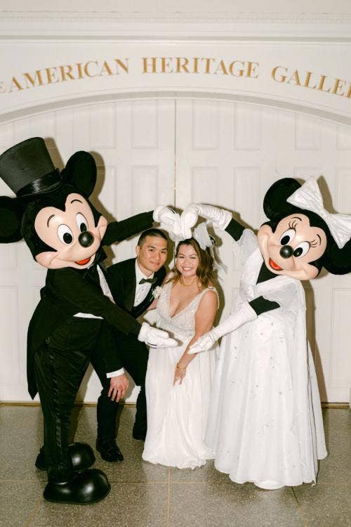 bride and groom, couple, mickey and Minnie, wedding reception, reception, Epcot, aa rotunda, American adventure rotunda, america pavilion