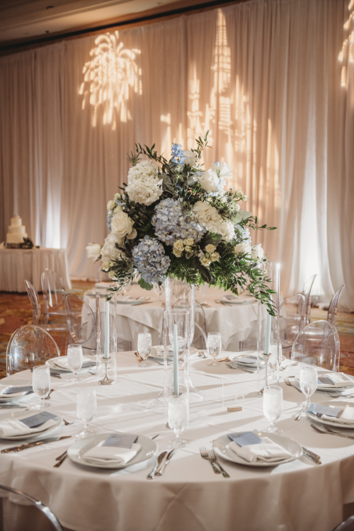 Disney Wedding, Disney Wedding Reception, Reception Decor, Blue and White Wedding Flowers