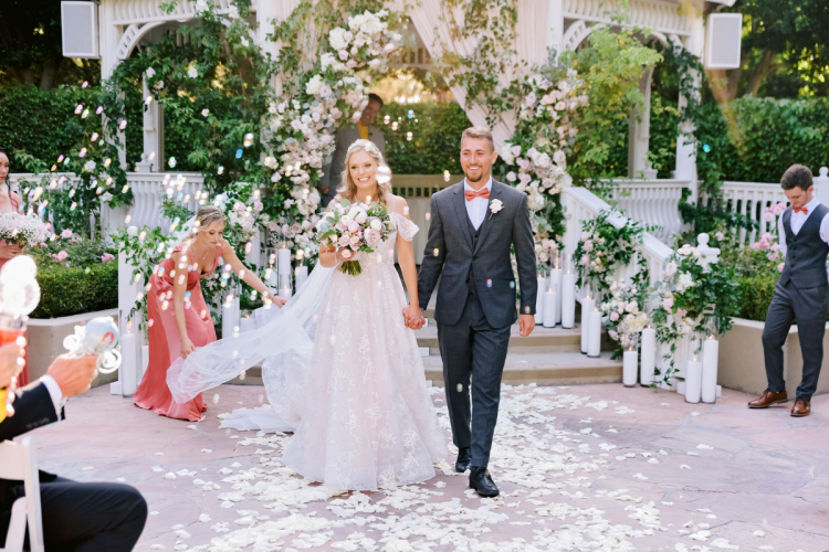 bride and groom, couple, wedding ceremony, ceremony, send off, bubble send off, bubbles, rose court, rose court garden, disneyland, disneyland hotel