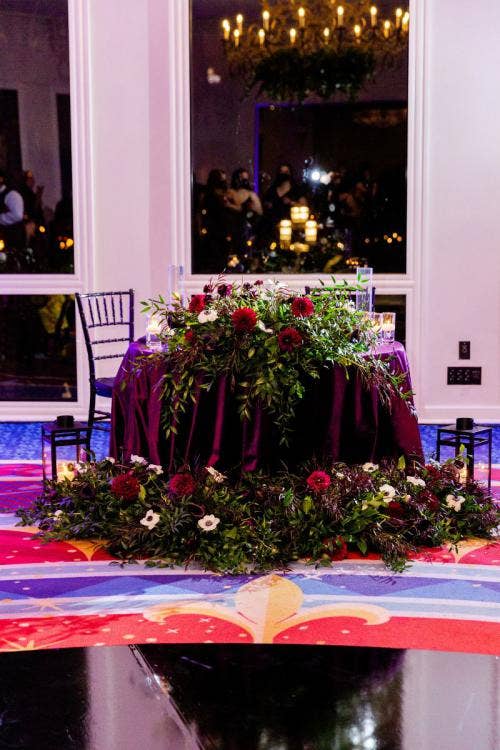wedding reception, reception, reception decor, reception floral, sweetheart table, table decor, table floral, moody aesthetic, moody floral, moody decor, halloween, halloween theme, sleeping beauty pavilion
