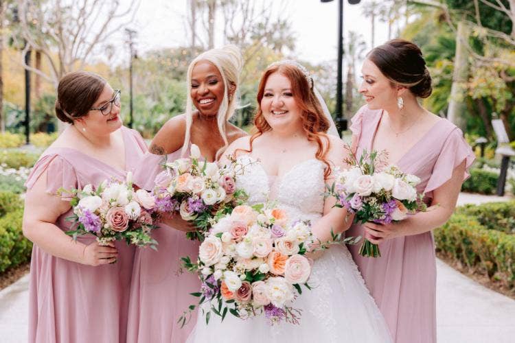 bride, bridesmaids, bridal party, disneyland, rose court garden