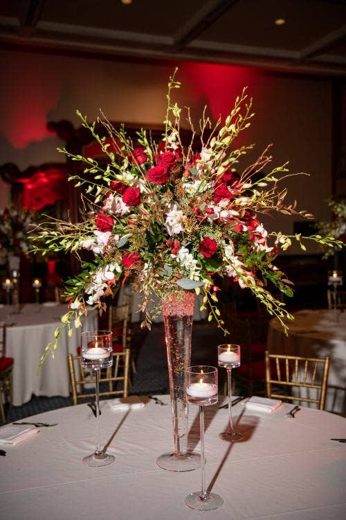wedding reception, reception, floral, reception floral, centerpiece, floral centerpiece, red floral, china, china pavilion, great hall of china, custom up lighting, up lighting, red up lighting