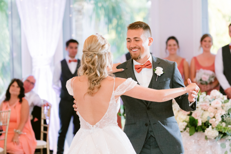 bride and groom, couple, first dance, wedding reception, reception, sleeping beauty pavilion, disneyland, disneyland hotel