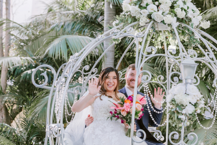 bride and groom, wedding ceremony, cinderella coach, tropical bouquet, tropical flowers
