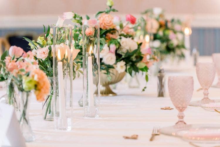 wedding reception, reception, reception decor, reception floral, boho floral, candles, candle centerpieces, centerpieces, floral centerpieces, boho floral, pink floral