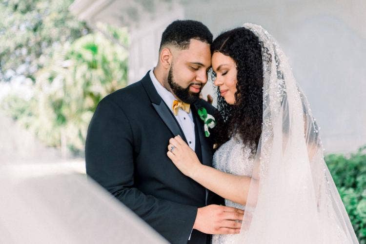 bride and groom, couple, portrait, couple portrait, diversity, grand floridian, grand floridian resort, veil