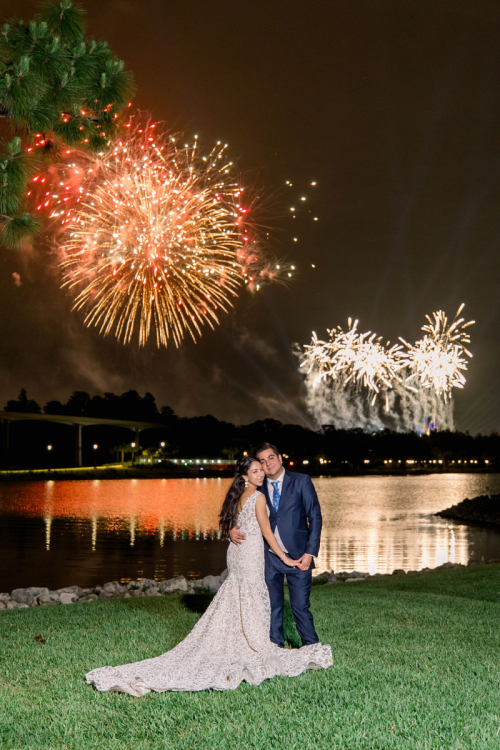 bride and groom, couple, portrait, couple portrait, dessert party, fireworks dessert party, fireworks, grand floridian, grand floridian resort, grand floridian dessert party