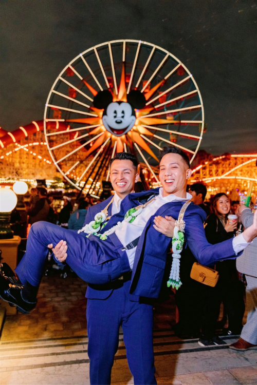 lgbtq, lgbtq couple, thai wedding, thai outfits, disneyland, california adventure, world of color, water show, light show, nighttime show