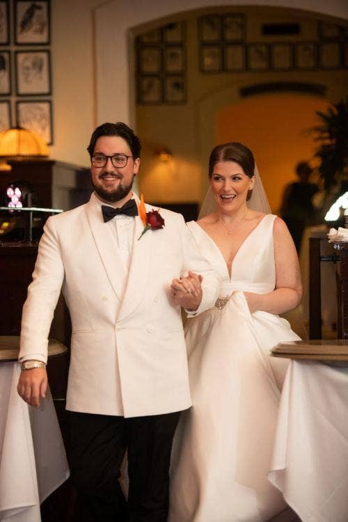 bride and groom, couple, entrance, wedding reception, reception, hollywood studios, brown derby, brown derby reception
