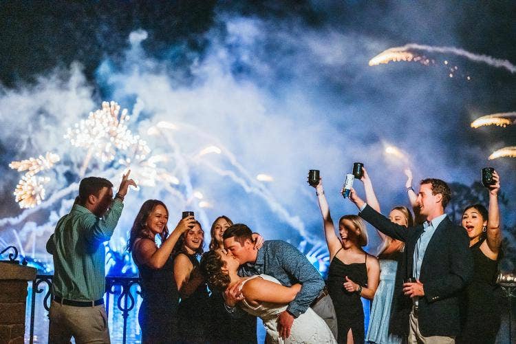 GMA wedding, GMA, welcome party, fireworks dessert party, epcot, fireworks, wedding party, couple, kiss, couple kiss