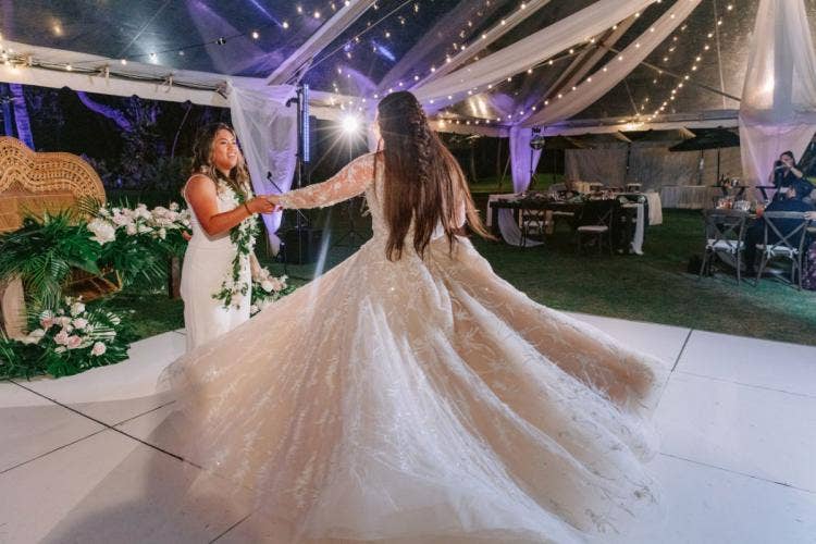 LGBTQ, couple, bride bride, first dance, dance, reception, wedding reception, reception tent, Aulani, lanikuhonua, lanikuhonua reception