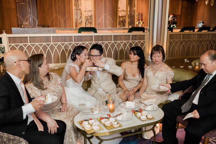 couple, wedding party, food & beverage, wedding reception, reception, reception food, Disney Cruise Line, cruise wedding, Disney Wish, the bayou, bayou