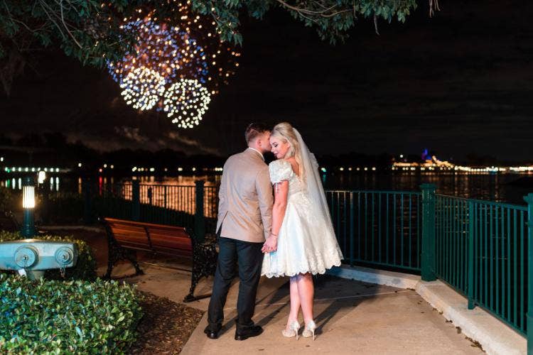 bride and groom, couple, fireworks dessert party, dessert party, grand Floridian, sago cay, fireworks