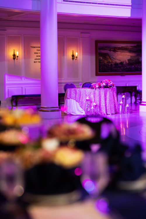 wedding reception, reception, venue shot, aa rotunda, American adventure rotunda, Epcot, custom up lighting, food, reception food, sweetheart table, decor, table decor