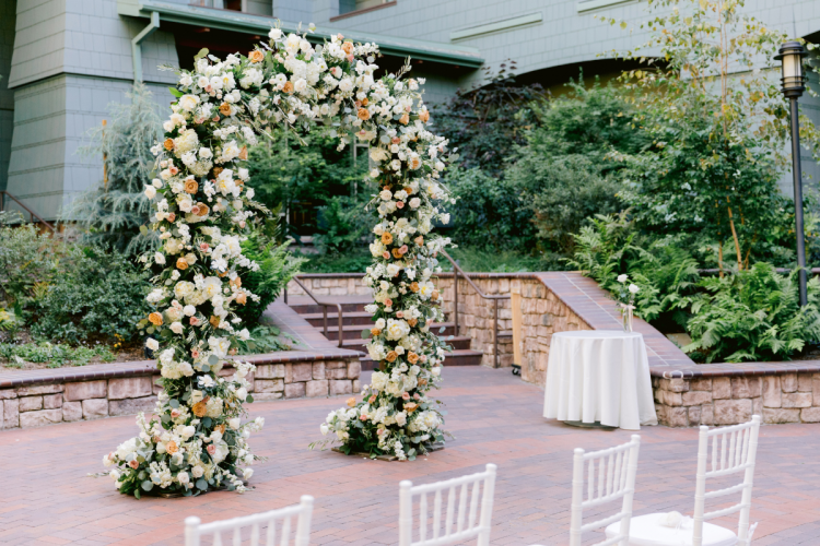 wedding ceremony, ceremony, ceremony decor, ceremony floral, altar area, altar decor, altar floral, floral arch, roses, arch