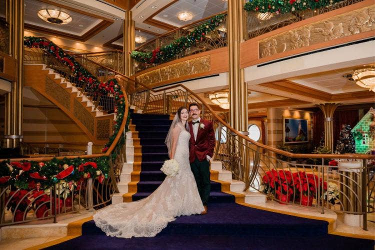bride and groom, couple, portrait, couple portrait, disney cruise line, cruise line, cruise, cruise wedding, christmas, christmas time, christmas decor, holiday, holiday decor, christmas cruise, atrium