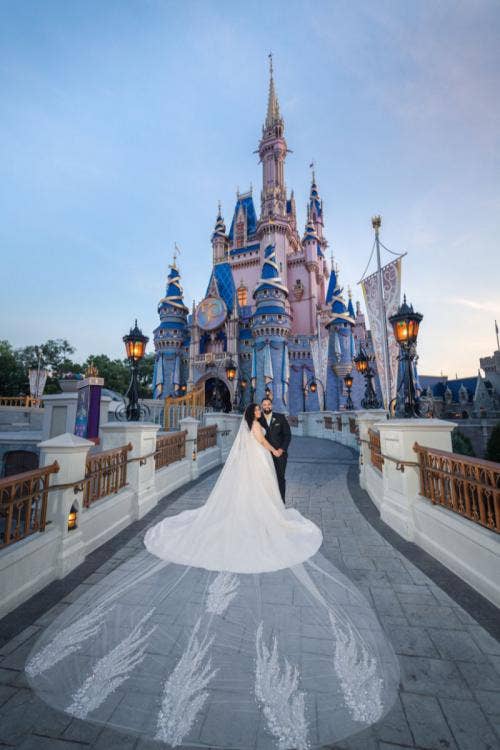 bride and groom, couple, portrait, couple portrait, magic kingdom, cinderella's castle, castle, diversity