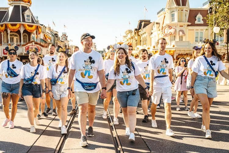 bride and groom, couple, bridal party, wedding party, bridesmaids, groomsmen, Magic Kingdom, portrait, wedding party portrait, 50th, 50th merchandise