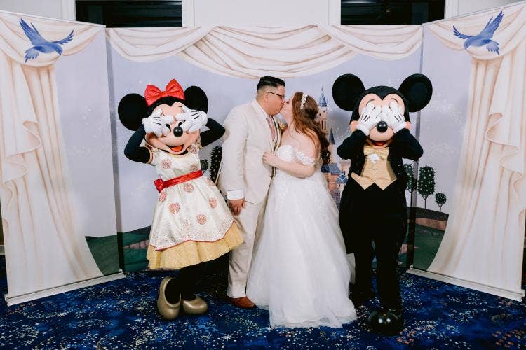 couple, portrait, mickey and Minnie, entertainment, character, meet and greet, Disneyland Hotel, sleeping beauty pavilion