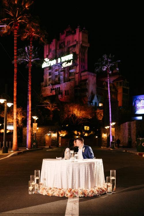 Bride and Groom, Sweetheart Table, Disney Wedding, Wedding Reception, Unique Wedding Venue, Hollywood Studios Wedding, Sunset Boulevard,