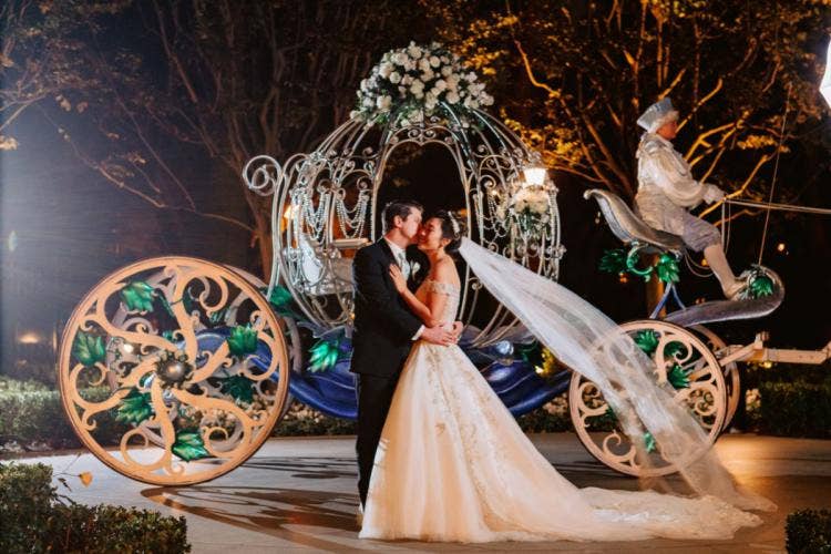 bride and groom, couple, portrait, couple portrait, crystal coach, coach, cinderella's crystal coach, Disneyland, Disneyland hotel, rose court, rose court garden