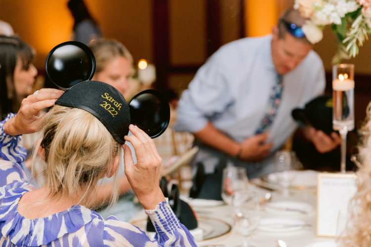 wedding reception, reception, favors, mickey hats, mickey hat favors, accessories, grand californian ballrooms