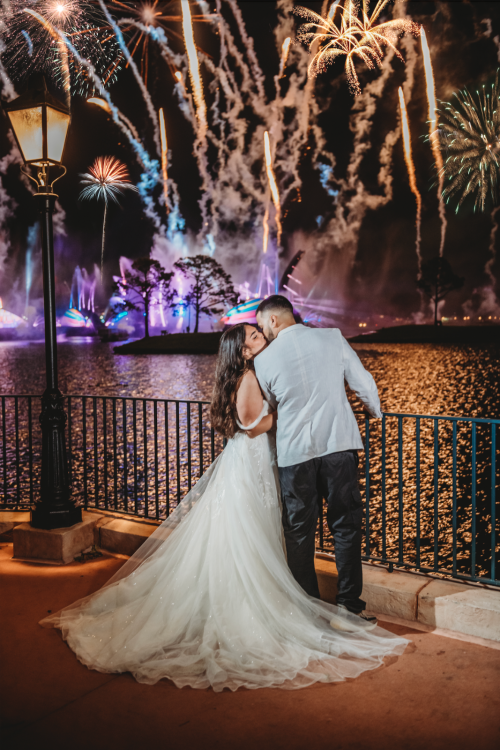 disney wedding, bride and groom, wedding fireworks, epcot wedding
