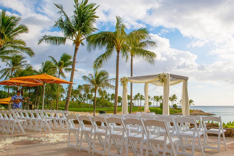 A view of Ama Ama Patio decorated for a ceremony