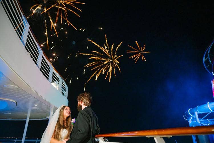 bride and groom, couple, portrait, couple portrait, disney cruise line, cruise line, cruise, disney cruise, disney wish, fireworks, cruise fireworks