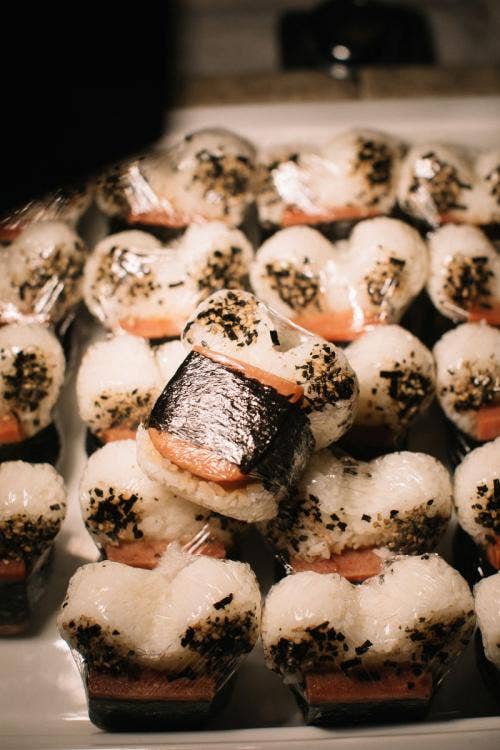 wedding reception, reception, food, reception food, sushi, furkikake musubi, musubi, mickey shape, mickey, aulani