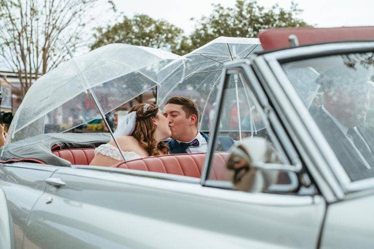 GMA wedding, GMA, wedding, staged exit, exit, motor car, motor car exit, vintage car, kiss, couple, portrait, couple portrait, epcot, spaceship earth