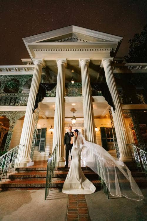 bride and groom, couple, portrait, couple portrait, disneyland, disneyland resort, haunted mansion, holiday overlay, halloween