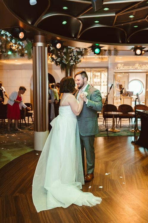 bride and groom, couple, first dance, wedding reception, reception, the bayou, disney wish, Disney cruise line, cruise wedding