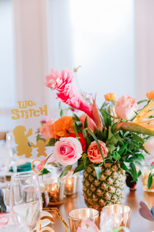 wedding ceremony, wedding decor, wedding ceremony decor, tropical wedding, tropical decor, tropical, tropical flowers, lilo and stitch, table settings, reception decor, wedding reception decor