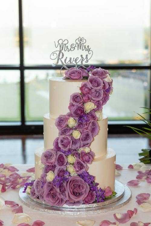 wedding cake, cake, purple floral, purple roses, purple flowers, 3 tier cake, 3 tiered cake, wedding reception, reception, breakfast reception, contemporary resort, contemporary, california grill