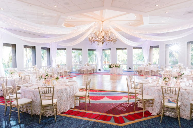 decorated wedding reception, reception, venue, venue shot, sleeping beauty pavilion, disneyland, disneyland hotel, table rounds, dance floor, reception venue, reception decor