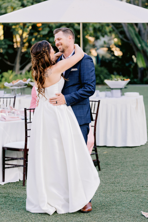 bride and groom, reception, vow renewal, vow renewal reception, first dance, couple, couple first dance, adventure lawn, adventure lawn gazebo, disneyland, disneyland hotel