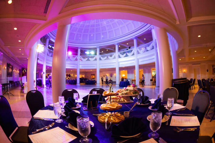 wedding reception, reception, venue shot, aa rotunda, American adventure rotunda, Epcot, custom up lighting, food, reception food