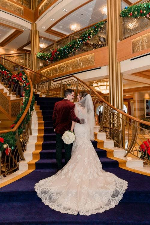 bride and groom, couple, portrait, couple portrait, disney cruise line, cruise line, cruise, cruise wedding, christmas, christmas time, christmas decor, holiday, holiday decor, christmas cruise, atrium